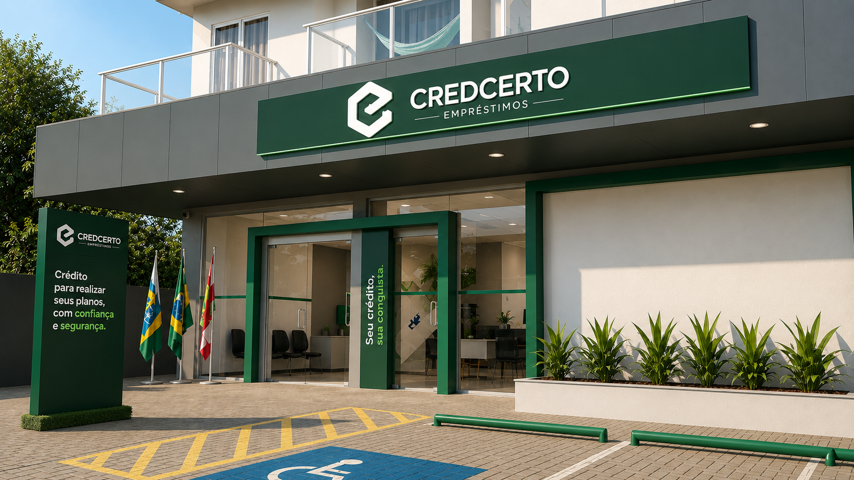 Fachada da unidade CredCerto Empréstimos com letreiro institucional, totem informativo e bandeiras na entrada